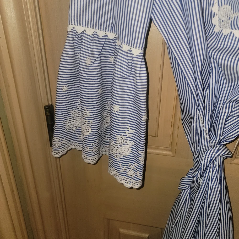 Misses sz M Laundry by Shelli Segal Blue white embroidered Dress Tie Belt - Picture 7 of 10